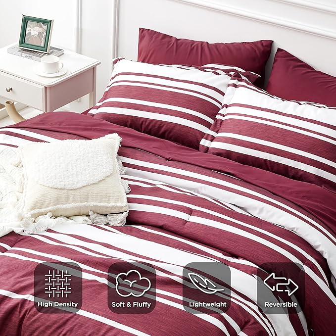 Bedsure Bed in a Bag California King Size 7-Piece Burgundy White Striped Bedding Comforter Sets All Season Bed Set, 2 Pillow Shams, Flat Sheet, Fitted Sheet and 2 Pillowcases - LeafyLoom
