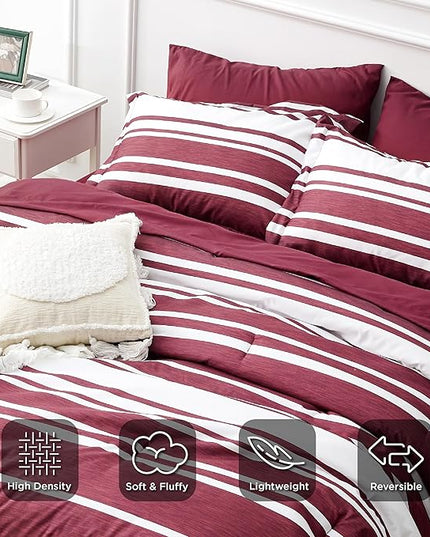 Bedsure Bed in a Bag Queen Size 7-Piece Burgundy White Striped Bedding Comforter Sets All Season Bed Set, 2 Pillow Shams, Flat Sheet, Fitted Sheet and 2 Pillowcases - LeafyLoom
