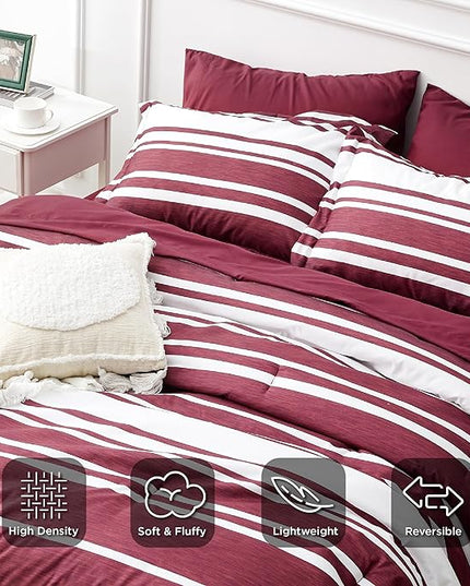 Bedsure Bed in a Bag Twin Size 5-Piece Burgundy White Striped Bedding Comforter Sets All Season Bed Set with 1 Pillow Sham, Flat Sheet, Fitted Sheet and 1 Pillowcase - LeafyLoom