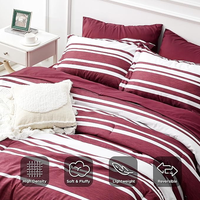 Bedsure Bed in a Bag Twin Size 5-Piece Burgundy White Striped Bedding Comforter Sets All Season Bed Set with 1 Pillow Sham, Flat Sheet, Fitted Sheet and 1 Pillowcase - LeafyLoom