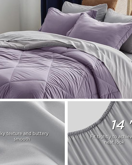 Bedsure Grayish Purple Twin XL Comforter Set - 5 Pieces Reversible Twin XL Bed in a Bag, Twin XL Bed Set Grayish Purple and Grey with Comforters, Sheets, Pillowcase & Sham - LeafyLoom