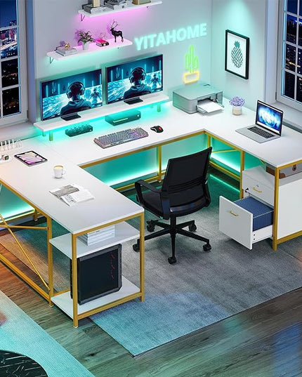 YITAHOME U Shaped Desk with Power Outlets & LED Lights, 79" Reversible L Shaped Desk with Drawers, Corner Computer Desk Office Desk with Monitor Stand & Storage Shelves, White & Gold - LeafyLoom