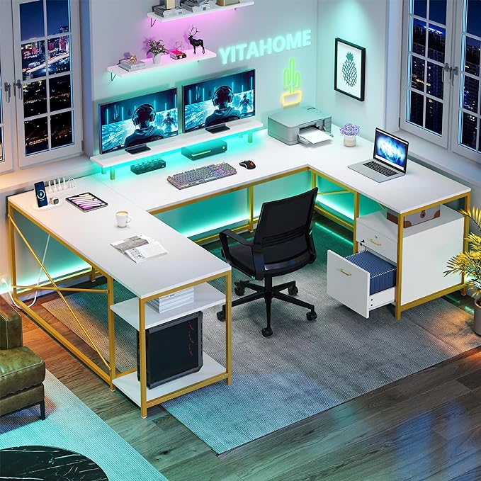 YITAHOME U Shaped Desk with Power Outlets & LED Lights, 79" Reversible L Shaped Desk with Drawers, Corner Computer Desk Office Desk with Monitor Stand & Storage Shelves, White & Gold - LeafyLoom