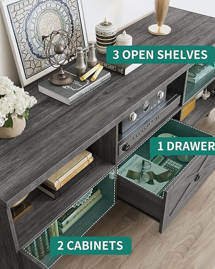 YITAHOME Mid-Century TV Stand for 70/65/60/55 inch, Boho Wood TV Table Farmhouse Media Console with Storage Cabinet and Open Shelves for Living Room, Bedroom, 65 inch, Grey - LeafyLoom