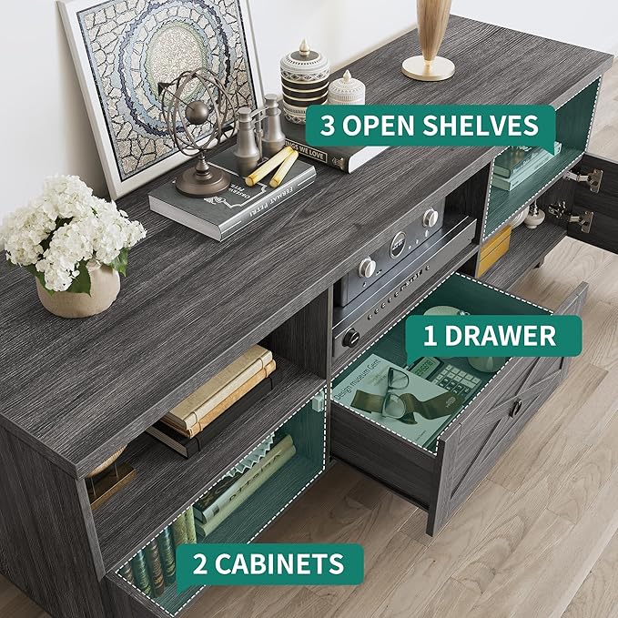 YITAHOME Mid-Century TV Stand for 70/65/60/55 inch, Boho Wood TV Table Farmhouse Media Console with Storage Cabinet and Open Shelves for Living Room, Bedroom, 65 inch, Grey - LeafyLoom