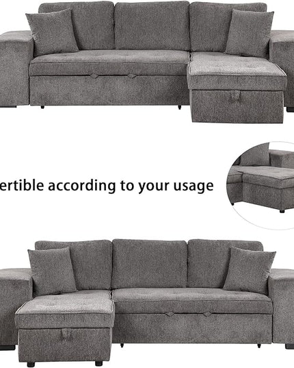 L Shaped Reversible Sleeper Sectional Sofa Pull Out Couch Bed with Storage Chaise Lounge and 2 Stools, Button Tufted Chenille Upholstered Convertible Pullout Sofabed for Living Room Office - LeafyLoom