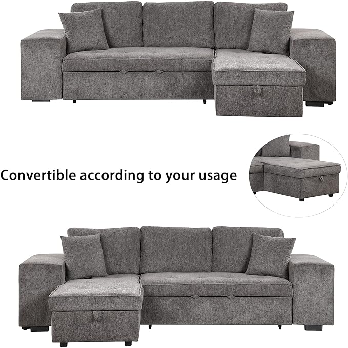 L Shaped Reversible Sleeper Sectional Sofa Pull Out Couch Bed with Storage Chaise Lounge and 2 Stools, Button Tufted Chenille Upholstered Convertible Pullout Sofabed for Living Room Office - LeafyLoom