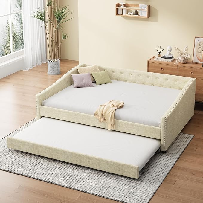 Full Size Upholstered Daybed with Twin Size Trundle,Wood Sofa Bed Frame W/Button Tufted Back and Nailhead Decorated Waved Shape Arms,Slat Support,for Bedroom,Living Room,Apartment,Beige - LeafyLoom