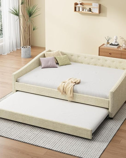 Full Size Upholstered Daybed with Twin-Size Trundle,Elegant Wood Sofa Bed w/Button Tufted Back and Waved Shape Arms & Nailhead,Slat Support,for Apartment,Bedroom,Living Room,Beige - LeafyLoom