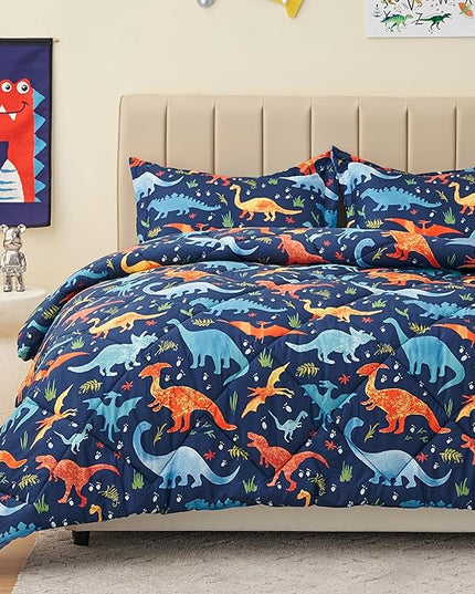 Queen Dinosaur Kids Bedding Set for Boys, 3 Pieces Queen Dinosaur Kids Comforter Sets, Super Soft Lightweight for All Seasons, Includes 1 Comforter (88"x88") and 2 Pillowcase (20"x26"+2") - LeafyLoom