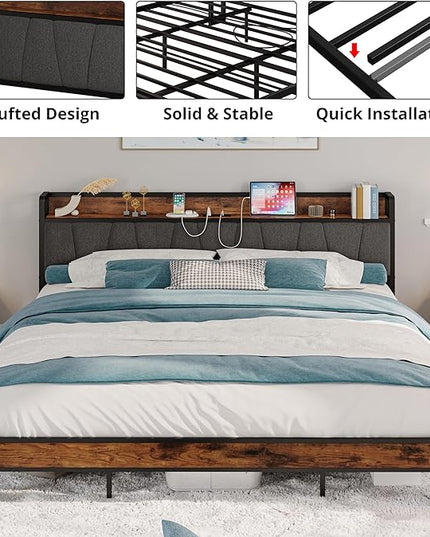 LIKIMIO California King Bed Frames, Storage Headboard with Charging Station, Solid and Stable, Noise Free, No Box Spring Needed, Easy Assembly - LeafyLoom