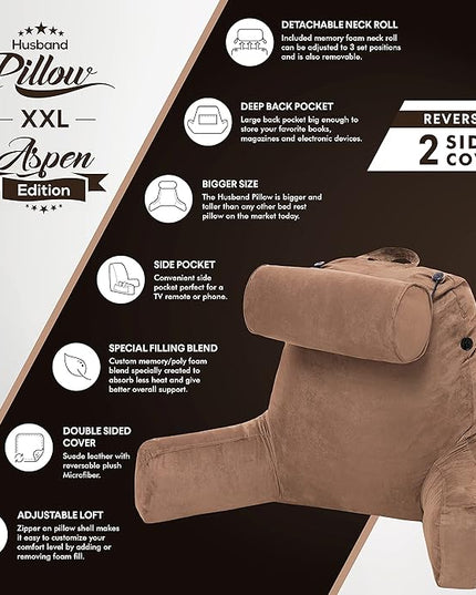 Husband Pillow XXL Aspen Edition, Adult Reading Sit Up Bed Rest Pillow for Bed with Arms & Neck Roll on Bungee Cord - Premium Memory Foam - Reversible 2 Sided Cover Micro Suede or Plush, Saddle Brown - LeafyLoom