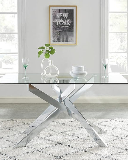 Edwin's Choice 58.5” Rectangle Glass Dining Table, Tempered Glass Tabletop and Metal Tubular Legs, Modern Style Table for Home, Kitchen, Dining Room 58.5”Lx29”Wx30”H, Silver - LeafyLoom