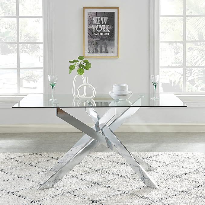 Edwin's Choice 58.5” Rectangle Glass Dining Table, Tempered Glass Tabletop and Metal Tubular Legs, Modern Style Table for Home, Kitchen, Dining Room 58.5”Lx29”Wx30”H, Silver - LeafyLoom