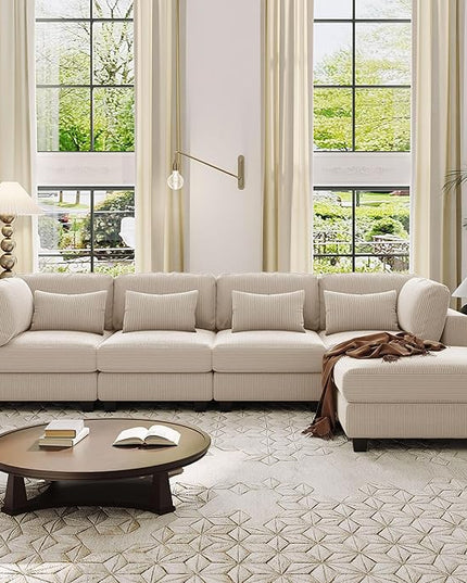 Removable comfortable Pieces Convertible Modular Sectional Movable Ottoman,Large L Shaped Corner Reversible Chaise and Waist Pillows, 5-Seat Oversized Cloud Sofas & Couches, Beige-C - LeafyLoom