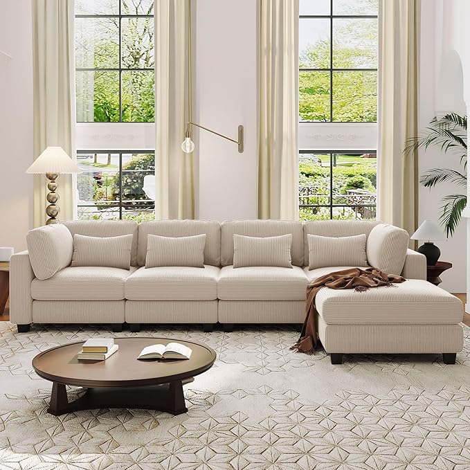 Removable comfortable Pieces Convertible Modular Sectional Movable Ottoman,Large L Shaped Corner Reversible Chaise and Waist Pillows, 5-Seat Oversized Cloud Sofas & Couches, Beige-C - LeafyLoom