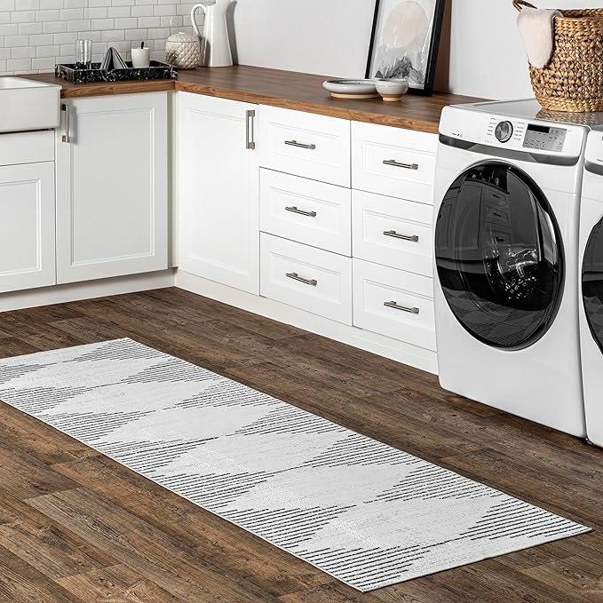 nuLOOM Romina Machine Washable Diamond Stripes Ultra Thin Runner Rug, 2' 6" x 6', White - LeafyLoom