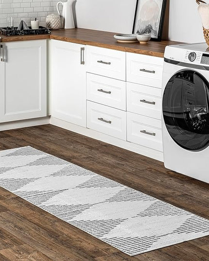 nuLOOM Romina Machine Washable Diamond Stripes Ultra Thin Runner Rug, 2' 6" x 12', White - LeafyLoom