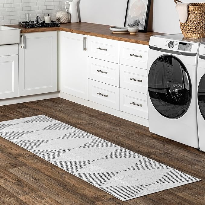 nuLOOM Romina Machine Washable Diamond Stripes Ultra Thin Runner Rug, 2' 6" x 12', White - LeafyLoom