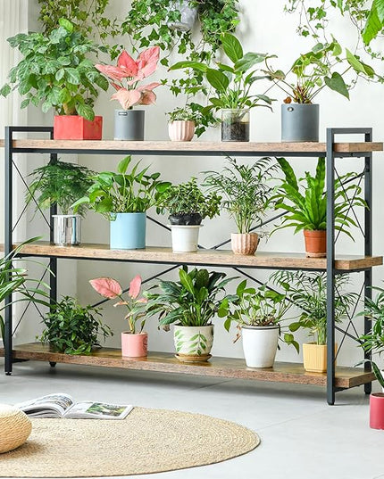 HCHQHS Bookshelf, 3-Tier Long Industrial Bookcase, Rustic Open Book Shelf, Freestanding Horizontal Bookshelves with Metal Frame - LeafyLoom