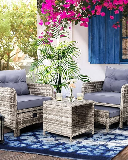 Pamapic 5 Pieces Wicker Patio Furniture Set Outdoor Patio Chairs with Ottomans Conversation Furniture with coffetable for Poorside Garden Balcony(Purple Cushion + Grey Ratten)… - LeafyLoom