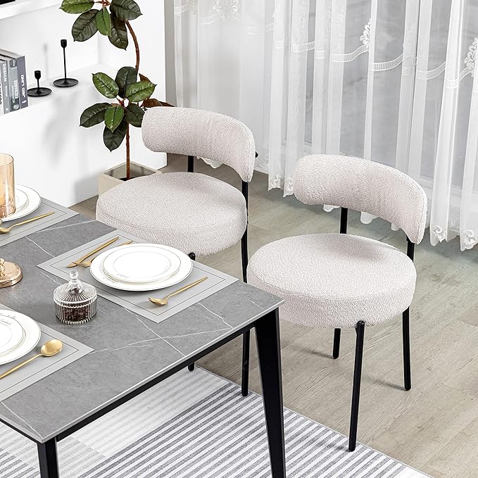 DYHOME Light Grey Dining Chairs Set of 2, Modern Dining Room Chairs Mid-Century, Round Upholstered Kitchen Chairs, Boucle Sherpa Dining Chair with Black Metal Legs - LeafyLoom
