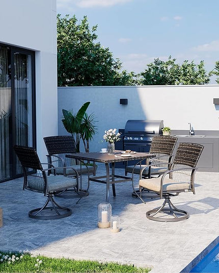 Pamapic 5 Piece Patio Dining Set for 4,Outdoor Wicker Furniture Set for Backyard Garden Deck Poolside with 4 Cushions Swivel Rocker Chairs,Square Plastic-Wood Table Top, Removable Cushions(Beige) - LeafyLoom