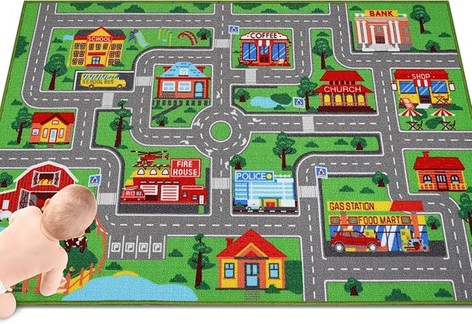 Kids Carpet Playmat Rug 59"x39.4", Car Rug for Kids Cars, Non-Slip Town City Road Map Kids Rug for Playroom Bedroom Boys, Kids Car Mat Road Rug, Track Rug Car Play Rug for Kids (59X39.4 INCH) - LeafyLoom