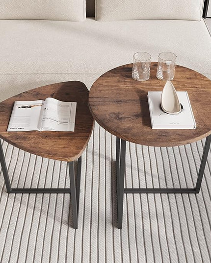 Round Coffee Table Set of 2 End Tables for Living Room,Black Small Coffee Table Living Room Table,Metal Frame & Wood,Sturdy and Easy Assembly,Stacking Side Tables Bedroom,Brown - LeafyLoom
