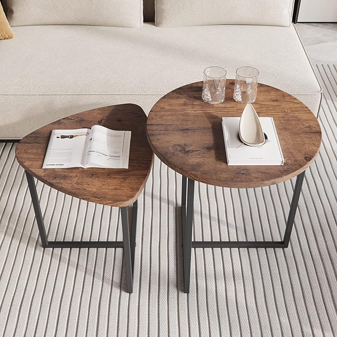 Round Coffee Table Set of 2 End Tables for Living Room,Black Small Coffee Table Living Room Table,Metal Frame & Wood,Sturdy and Easy Assembly,Stacking Side Tables Bedroom,Brown - LeafyLoom