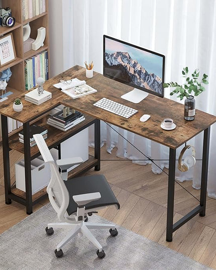 COTUBLR L Shaped Computer Desk, 47 Inch Small Corner Desk with Storage Shelves, Computer Desk Table Laptop Table Writing Desk Study Table for Home Office Workstation Small Spaces (Rustic Brown) - LeafyLoom