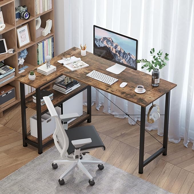COTUBLR L Shaped Computer Desk, 47 Inch Small Corner Desk with Storage Shelves, Computer Desk Table Laptop Table Writing Desk Study Table for Home Office Workstation Small Spaces (Rustic Brown) - LeafyLoom