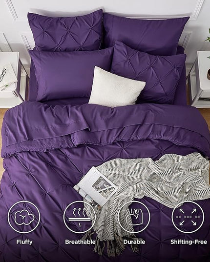 Bedsure Purple Comforter Set Queen - Bed in a Bag Queen 7 Pieces, Pintuck Bedding Sets Purple Bed Set with Comforter, Sheets, Pillowcases & Shams - LeafyLoom
