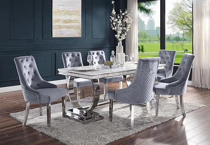 NicBex Dining Table Contemporary Kitchen Table Farmhouse Rustic Dining Table, White Printed Faux Marble & Mirrored Silver Finish Rectangular Dining Table, Easy Assembly, White - LeafyLoom