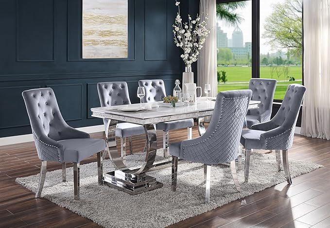 NicBex Dining Table Contemporary Kitchen Table Farmhouse Rustic Dining Table, White Printed Faux Marble & Mirrored Silver Finish Rectangular Dining Table, Easy Assembly, White - LeafyLoom