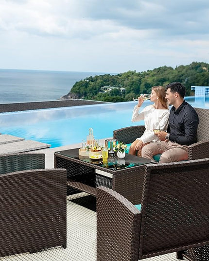 YITAHOME Patio Furniture Wicker Outdoor Bistro Set, 4-Piece All Weather Rattan Conversation Loveseat for Backyard, Balcony and Deck w/Soft Cushions and Metal Coffee Table (Brown+Blue) - LeafyLoom