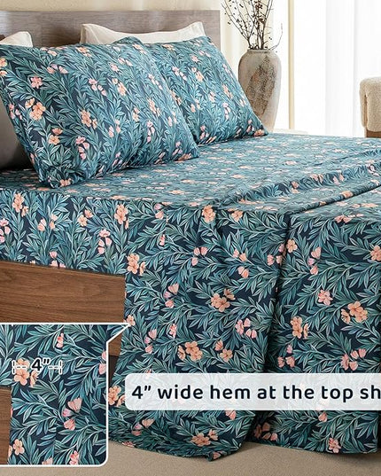 QSH Floral Egyptian Cotton Sheets King Size - Floral Bedding Sheets Botanical Pattern Printed Bedding King Size Bed Sheets 17.5" Extra Deep Pocket 4pcs - LeafyLoom