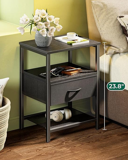 Night Stand with Fabric Drawer, Side Table with Mesh Shelf, Bedroom Nightstand, Fabric Drawer Dresser, Open Shelf, Metal Frame, Couch Side, Black - LeafyLoom