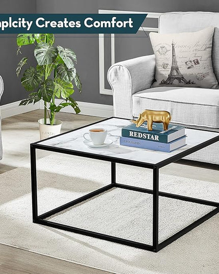 SAYGOER White Coffee Table,Small Square Coffee Table,Modern Center Table for Living Room Office 27.6 * 27.6 * 15.7 Inch, Easy Assembly, White Faux Marble Top - LeafyLoom