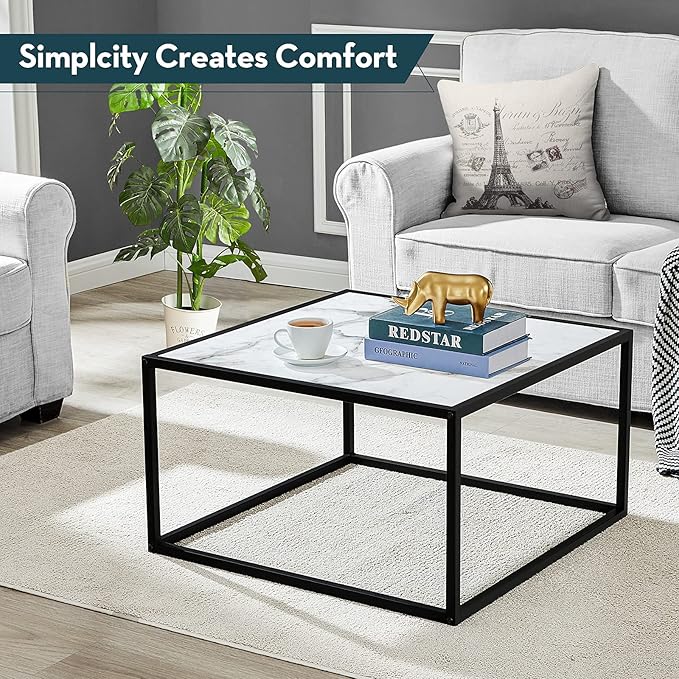 SAYGOER White Coffee Table,Small Square Coffee Table,Modern Center Table for Living Room Office 27.6 * 27.6 * 15.7 Inch, Easy Assembly, White Faux Marble Top - LeafyLoom