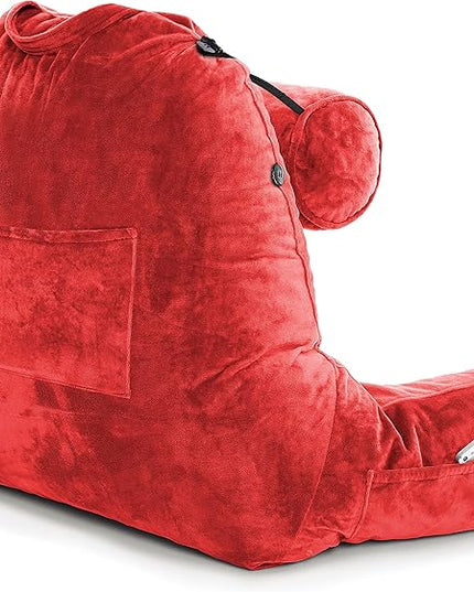 Husband Pillow XXL Red Backrest with Arms - Adult Reading Pillow with Shredded Memory Foam, Ultra-Comfy Removable Microplush Cover & Detachable Neck Roll, Unmatched Support for Bed Rest Sit Up Pillow - LeafyLoom