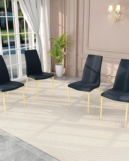 Modern Faux Leather Dining Chairs Set of 4, Padded Seat Dining Side Chairs, Upholstered Chair with Metal Legs for Kitchen, Living Room, Dining Room, Black Chairs+Gold Legs - LeafyLoom