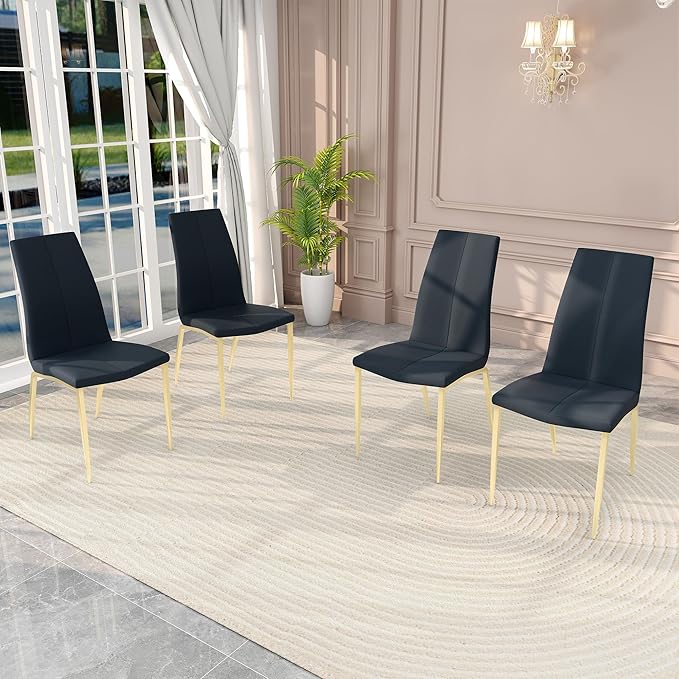 Modern Faux Leather Dining Chairs Set of 4, Padded Seat Dining Side Chairs, Upholstered Chair with Metal Legs for Kitchen, Living Room, Dining Room, Black Chairs+Gold Legs - LeafyLoom