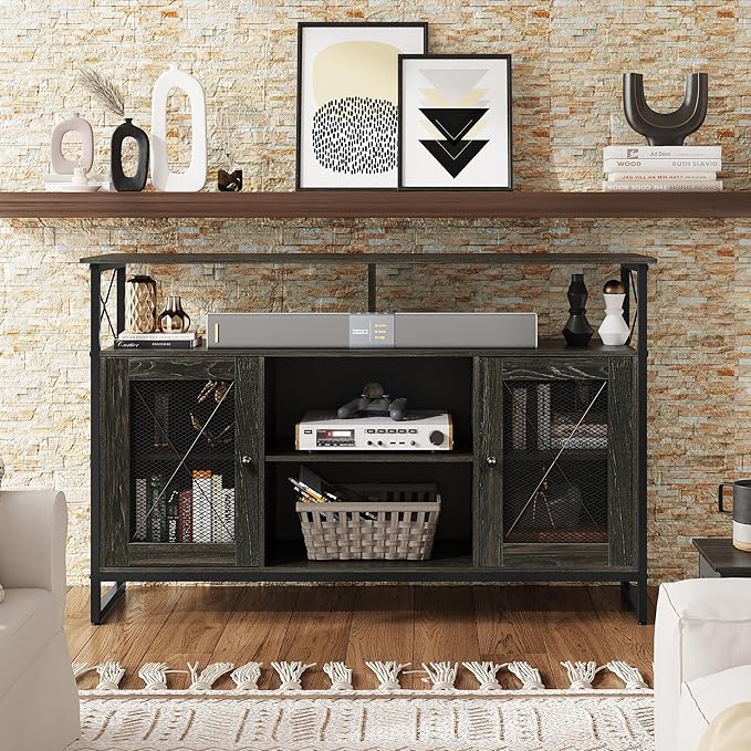 WLIVE TV Stand 55 inch TV,Tall Entertainment Center with Storage, Farmhouse Industrial TV Console for Bedroom Living Room, Charcoal Black - LeafyLoom