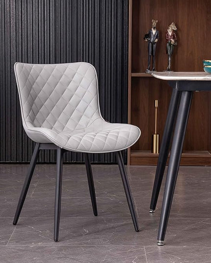 YOUTASTE Grey Dining Chairs Set of 2 Mid Century Modern PU Leather Diamond Upholstered Accent Guest Dinner Chair with Back Metal Legs for Kitchen Living Reception Waiting Room - LeafyLoom