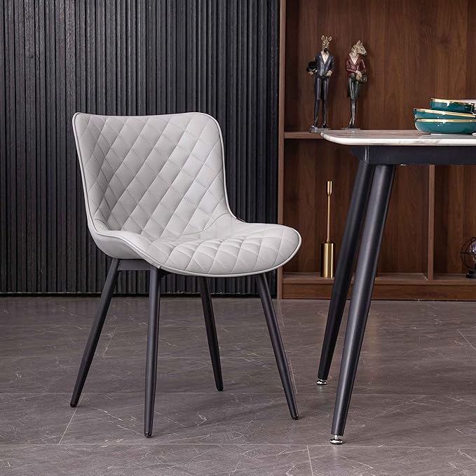 YOUTASTE Grey Dining Chairs Set of 2 Mid Century Modern PU Leather Diamond Upholstered Accent Guest Dinner Chair with Back Metal Legs for Kitchen Living Reception Waiting Room - LeafyLoom