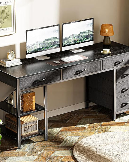 Computer Desk with 6 Drawers, 54 Inch Office Desk with Shelves, Reversible Gaming Desk, Corner Desk with Storage, Work Desk for Home Office, Study, Living Room, Black - LeafyLoom