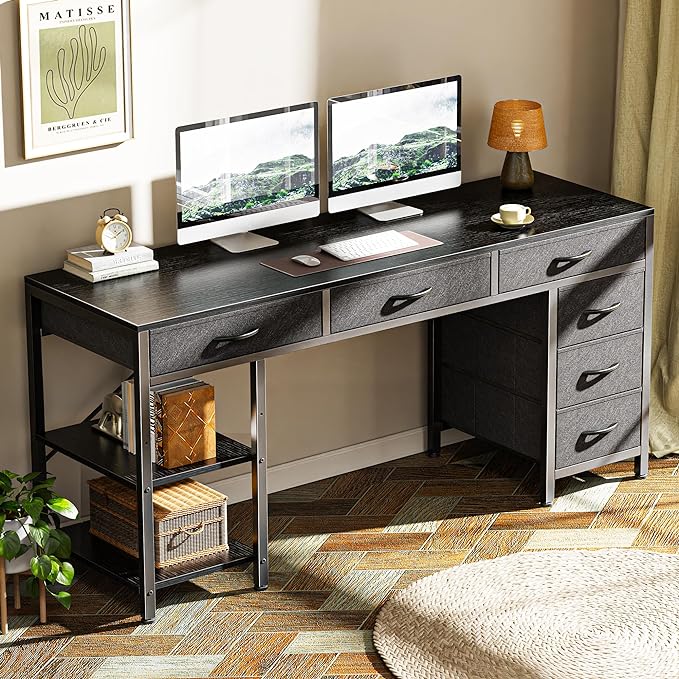Computer Desk with 6 Drawers, 54 Inch Office Desk with Shelves, Reversible Gaming Desk, Corner Desk with Storage, Work Desk for Home Office, Study, Living Room, Black - LeafyLoom