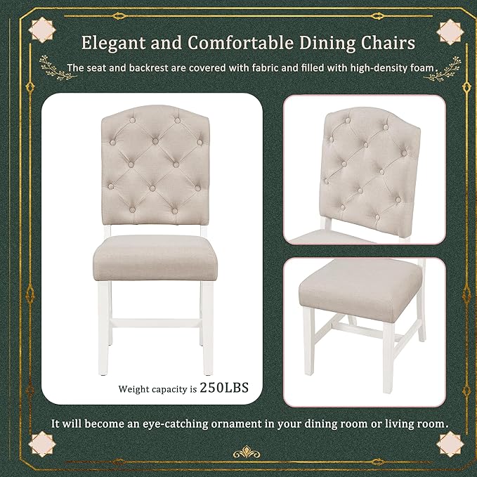 Small Dining Table Set for 4-6, Modern Round Extendable Table and Upholstered Chairs, X-Shaped Cross Base, Button Tufting Backrest, Retro Style Home Furniture for Small Spaces, Living Room - LeafyLoom