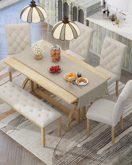 60 Inch Dining Table Set for 6, Retro Rectangular Dining Table with Unique Legs and 4 Upholstered Chairs & 1 Bench, Dining Room Table Set for Dining Room/Living Room, Natural Wood - LeafyLoom